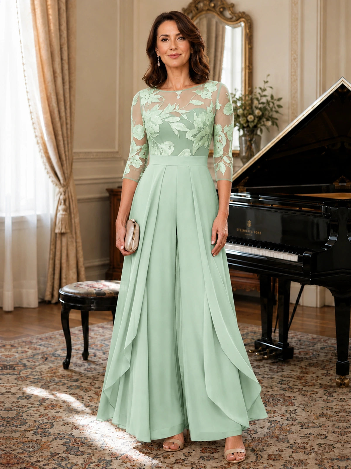 Lace Applique Wide-Leg Chiffon Mother of the Bride Jumpsuit