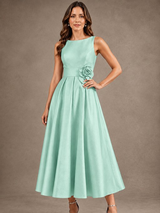 Tea-Length Satin Mother of the Bride Dress with 3D Flower Detail