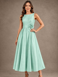 Tea-Length Satin Mother of the Bride Dress with 3D Flower Detail