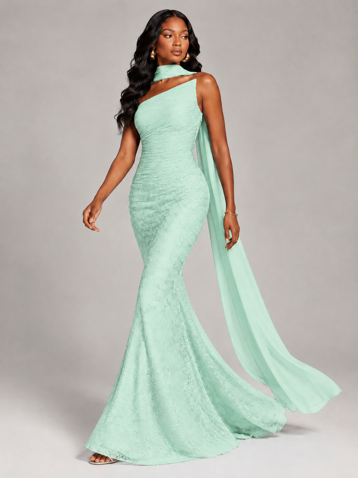 Pleated Chiffon Lace Prom Dresses Long Bodycon Mermaid with Scarf