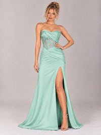 Strapless Satin Prom Dress with Sheer Lace Corset & High Slit