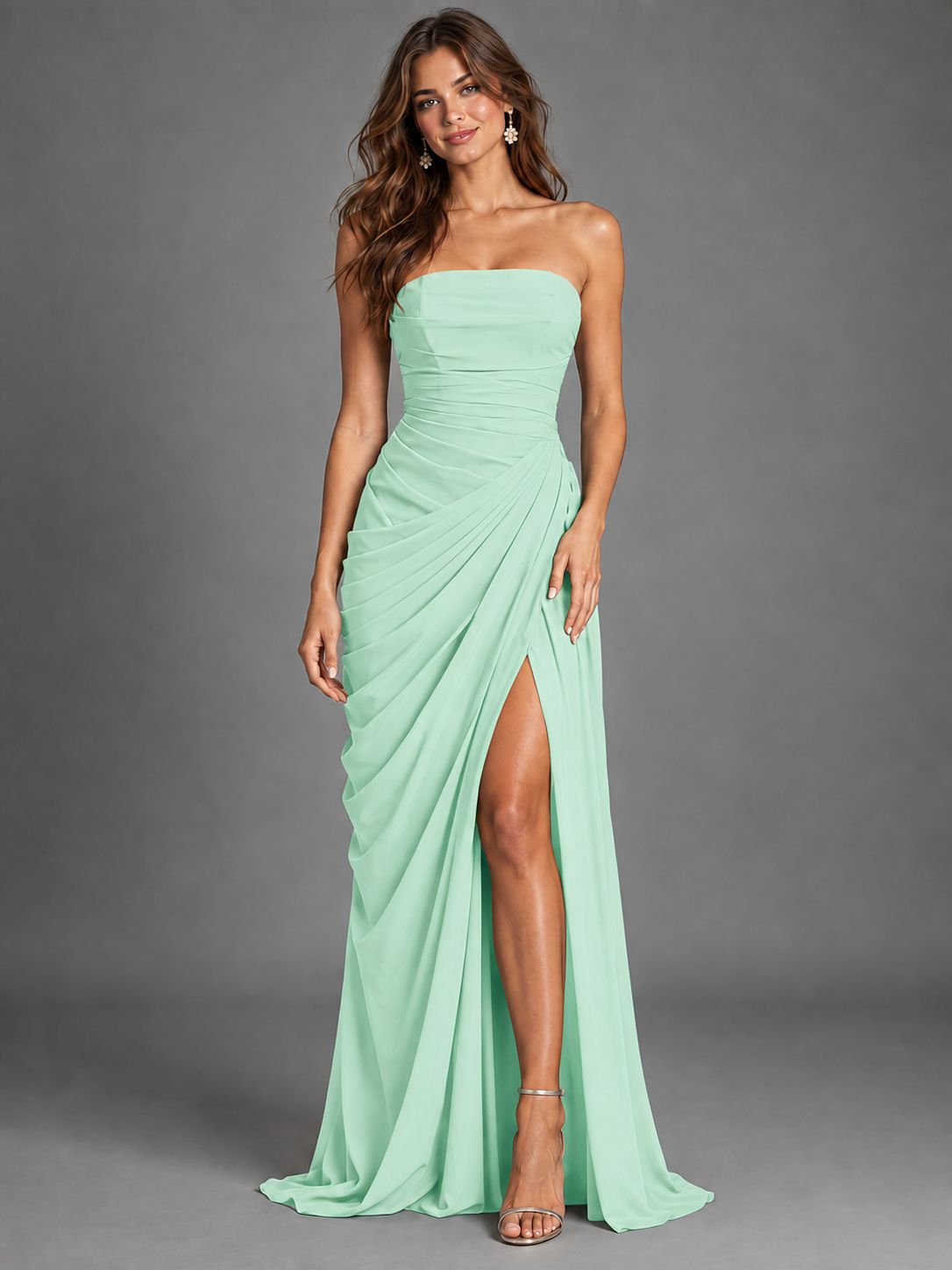 Strapless Bodycon Pleated Chiffon Formal Dress with Slit