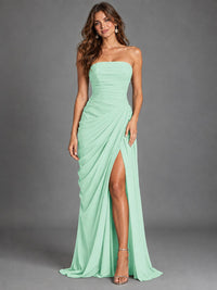 Strapless Bodycon Pleated Chiffon Formal Dress with Slit