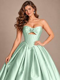 Pink Strapless Corset Satin Prom Derss & Ball Gown with 3D Floral
