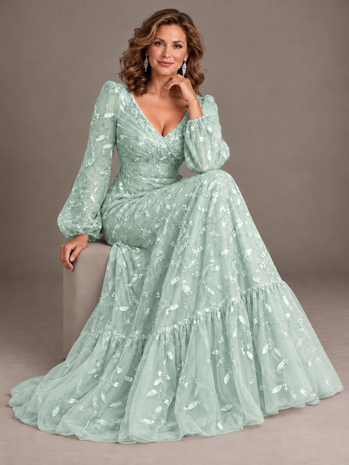 Floral Sequin Embroidered A-Line Mother of the Bride Dress with Long Sleeves