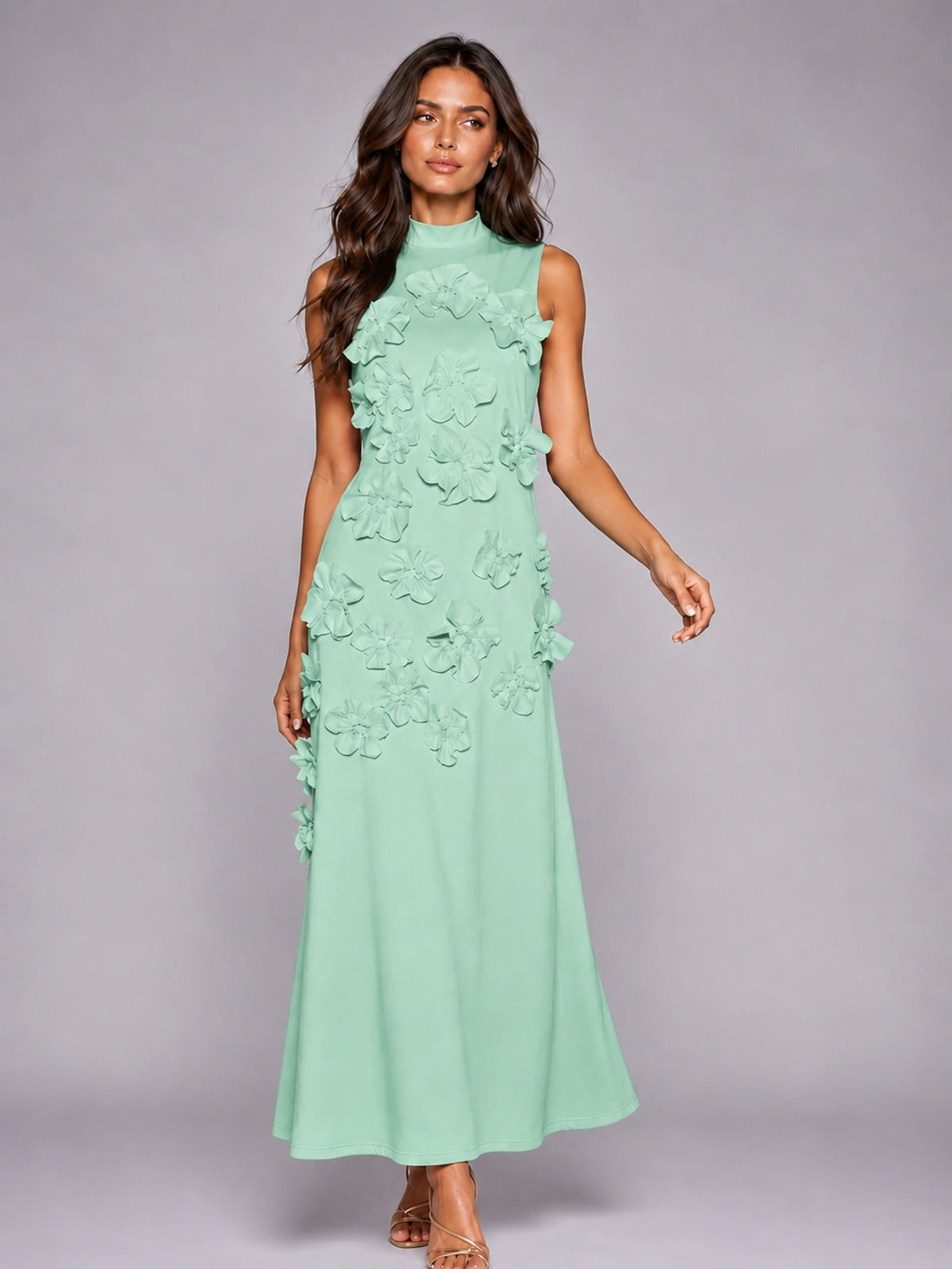3D Floral Applique High Neck Prom Maxi Dress