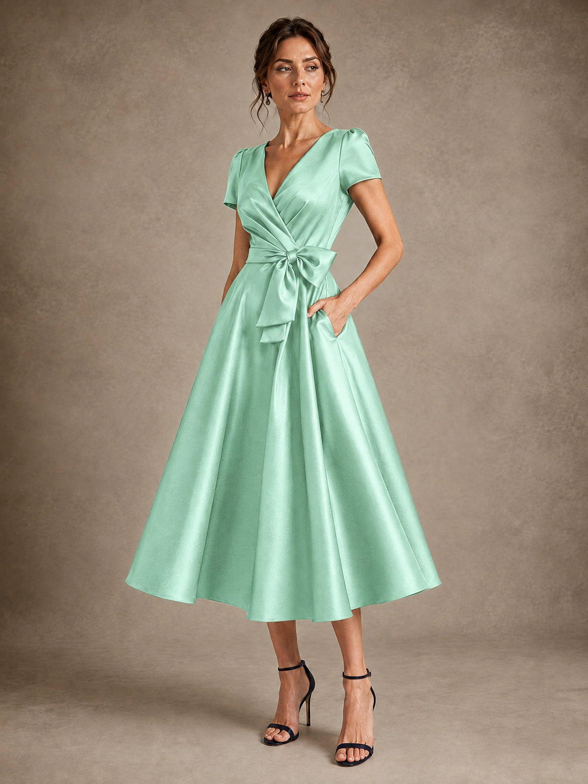 V-Neck Tea-Length Satin Mother of the Bride Dress with Bow
