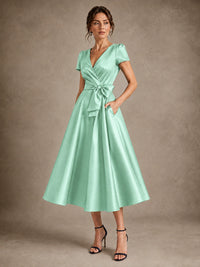 V-Neck Tea-Length Satin Mother of the Bride Dress with Bow
