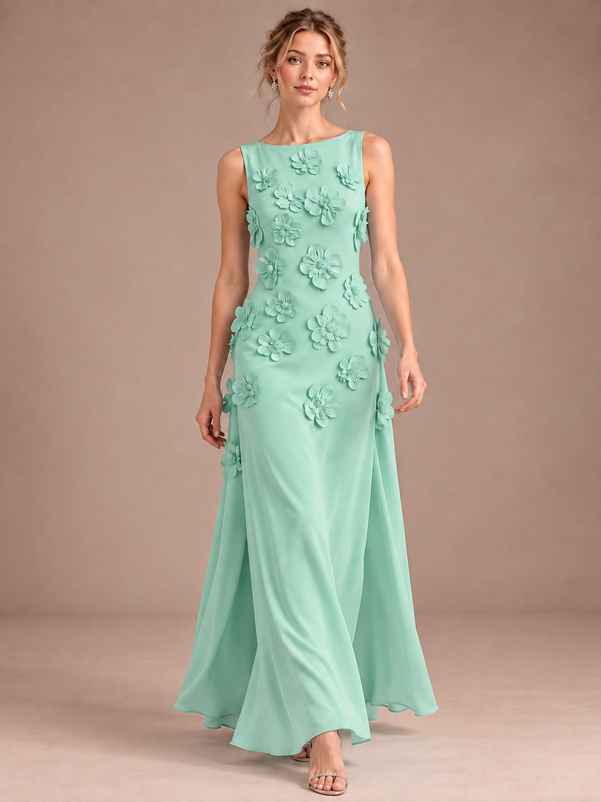3D Floral Applique Sleeveless Formal Maxi Dress