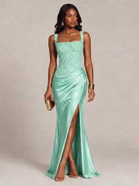 Scoop Neck Sequin Prom Dress with High Slit Satin Formal Gowns