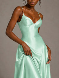 Lavender V Neck Satin Prom Dress with Spaghetti Straps
