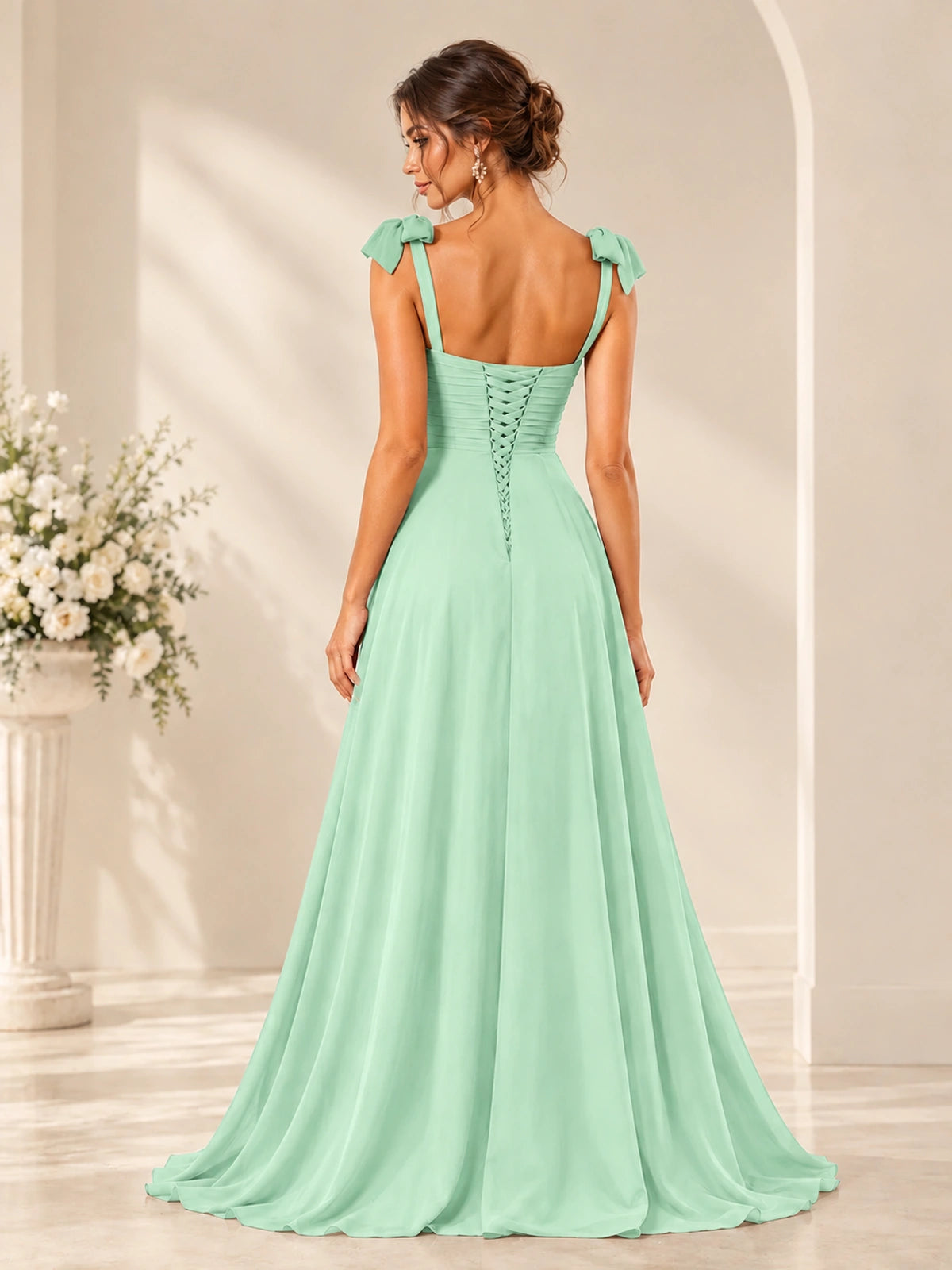 Ruffle Slit Chiffon A Line Scoop Neck Bridesmaid Dresses with Pockets
