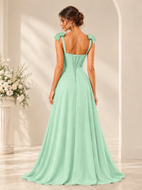 Ruffle Slit Chiffon A Line Scoop Neck Bridesmaid Dresses with Pockets