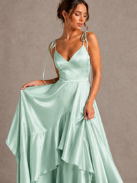 Lavender Satin V-Neck Ruffle Maxi Dress