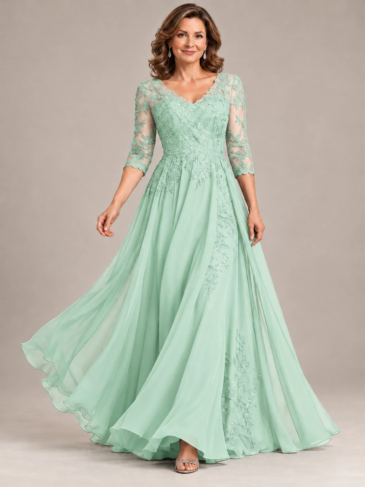 Sequin Lace A-Line Mother of the Bride Dress with 3/4 Sleeves