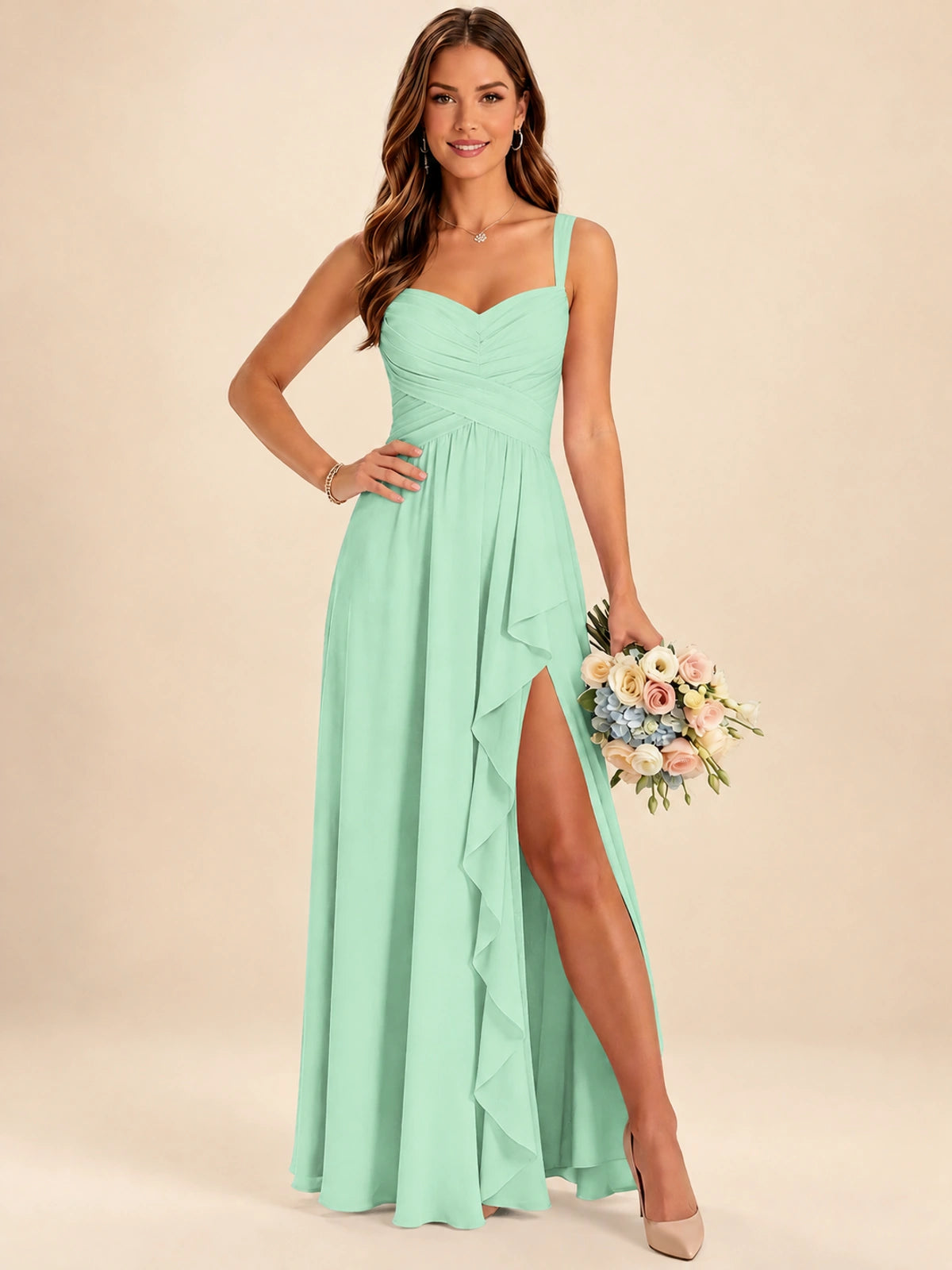 Spaghetti Straps Pleated Chiffon Bridesmaid Dress with Ruffle Slit