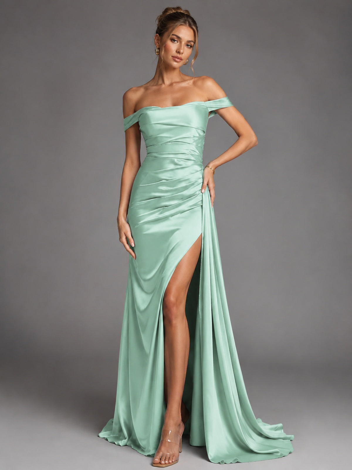 Off Shoulder Satin Maxi Dress with Slit