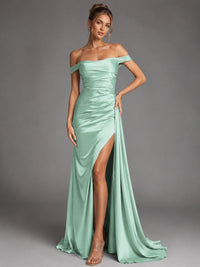 Off Shoulder Satin Maxi Dress with Slit