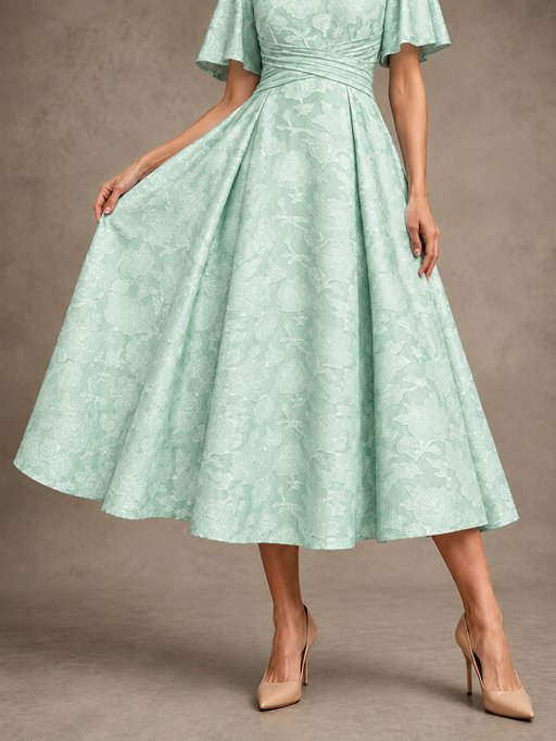 V-Neck Floral Jacquard Tea-Length Mother of the Bride Dress