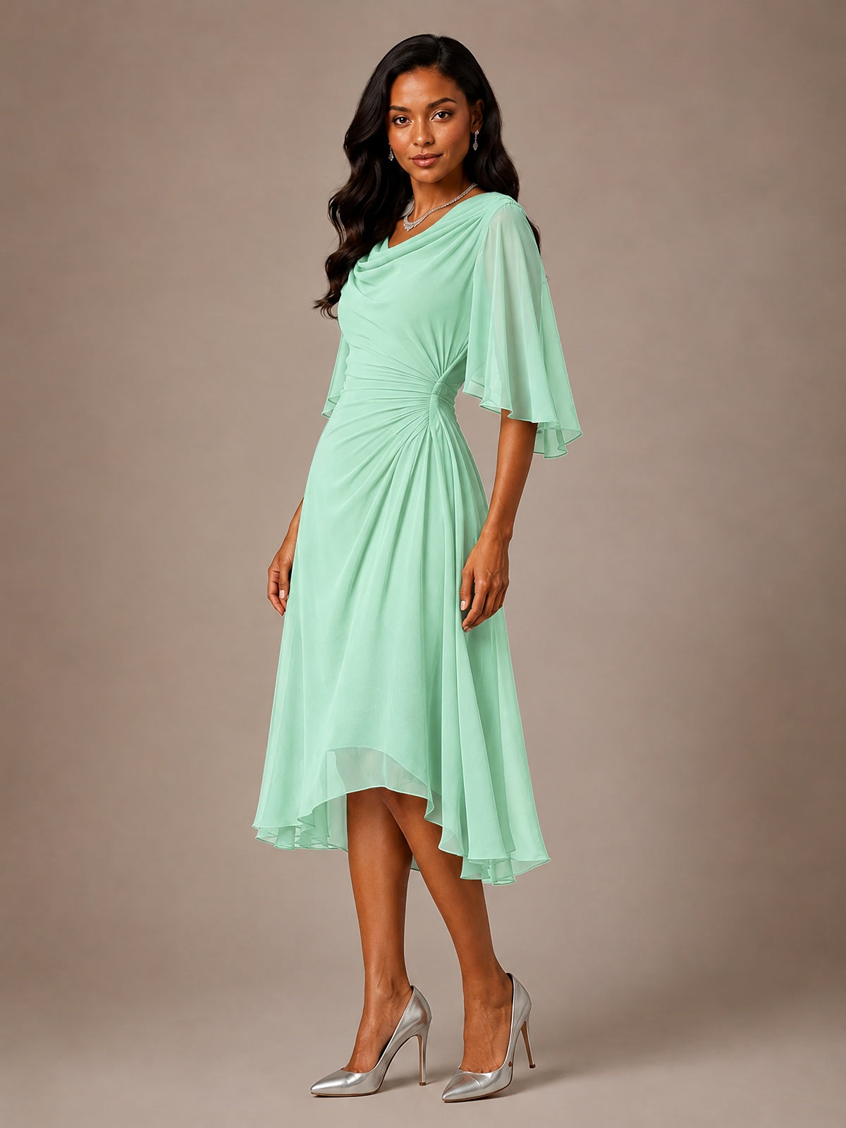 Cowl Neck Ruched Chiffon Mother of the Bride Dresses with Flutter Sleeves