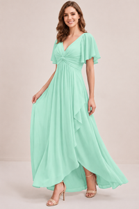 Dusty Blue Chiffon Bridesmaid Dress with Flutter Sleeves & High-Low Hem