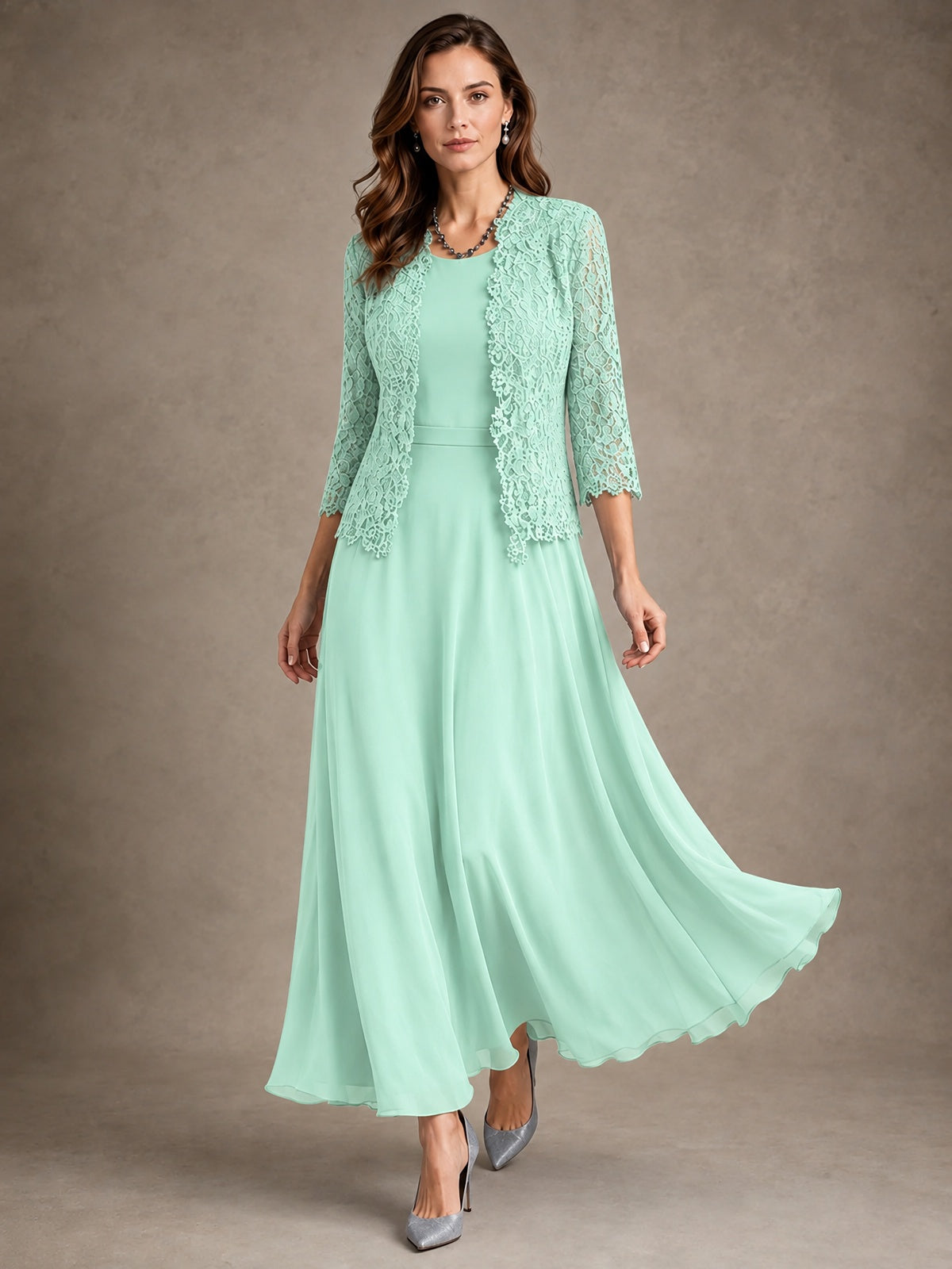 2-Piece Chiffon Mother of the Bride Dress with Lace Jacket