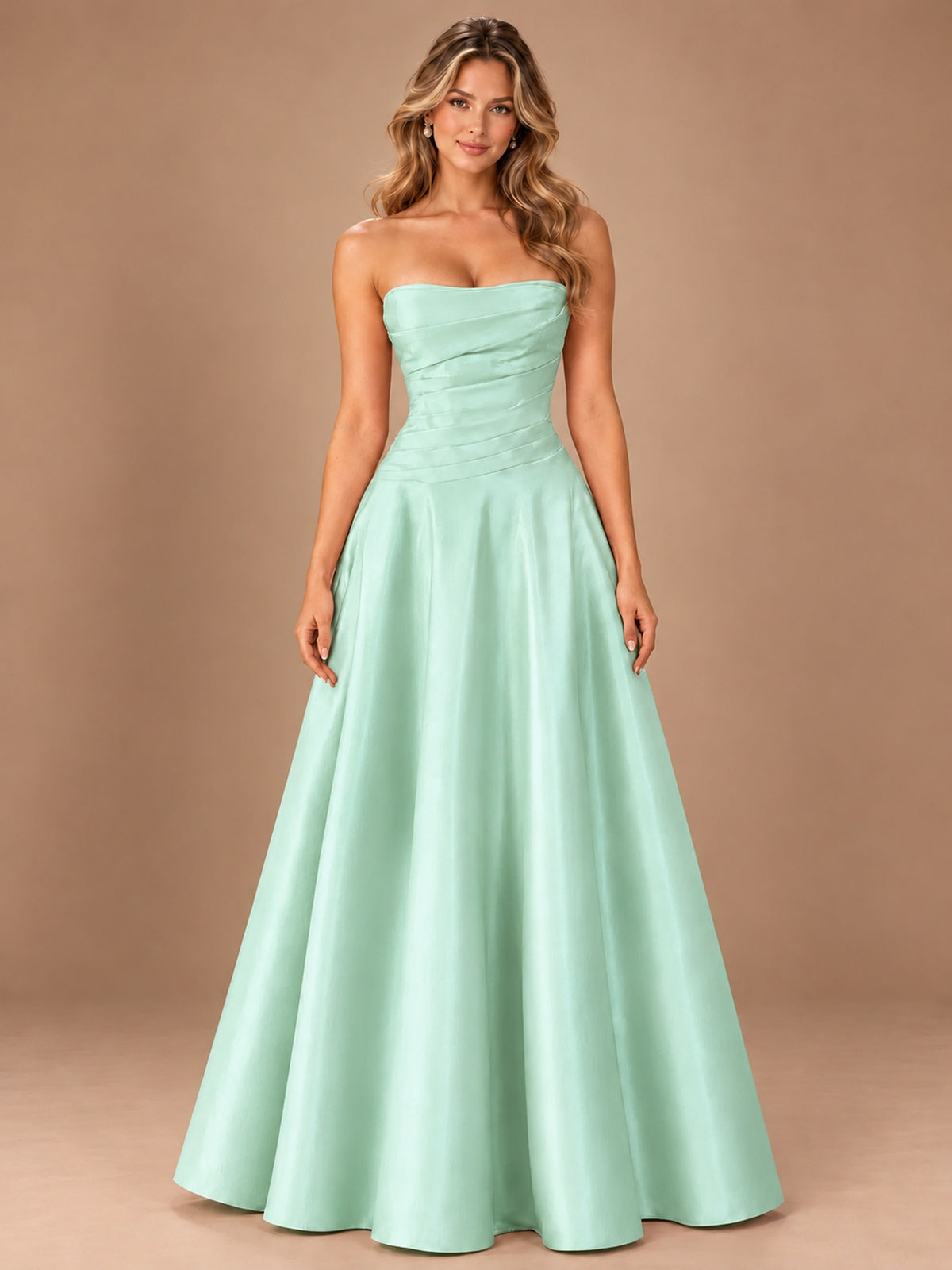 Blush Pink Strapless Satin A-Line Prom Dress with Ruched Bodice