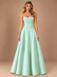 Blush Pink Strapless Satin A-Line Prom Dress with Ruched Bodice