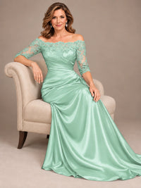 Satin Mother of the Bride Dress with Lace Sleeves Off Shoulder Formal Gown