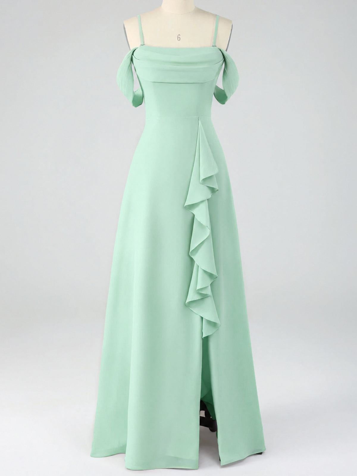 Spaghetti Strap Chiffon Bridesmaid Dress with Ruffles Slit