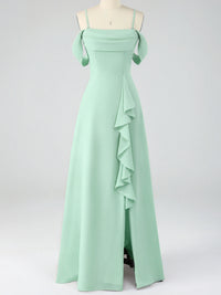 Spaghetti Strap Chiffon Bridesmaid Dress with Ruffles Slit