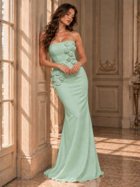 White Strapless Mermaid Maxi Dress with 3D Floral Appliques
