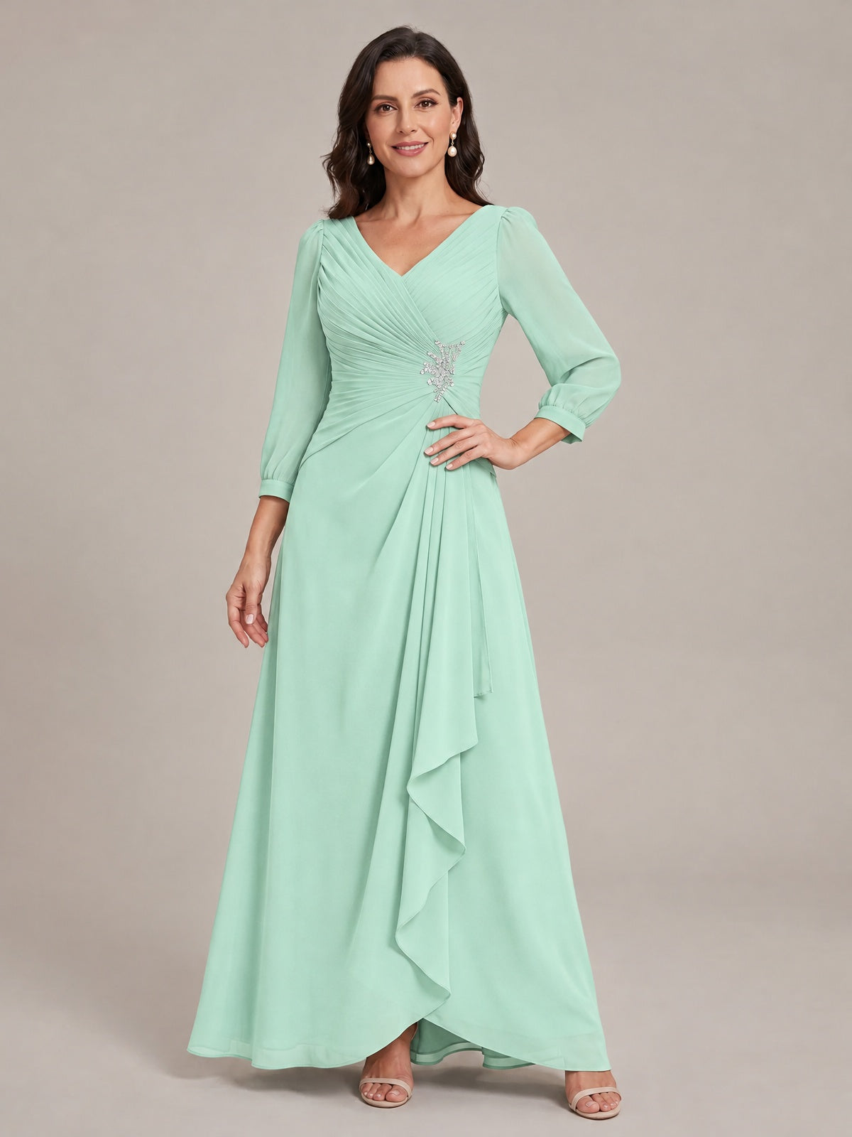 V-Neck Pleated Chiffon Mother of the Bride Dress with Flutter Sleeves