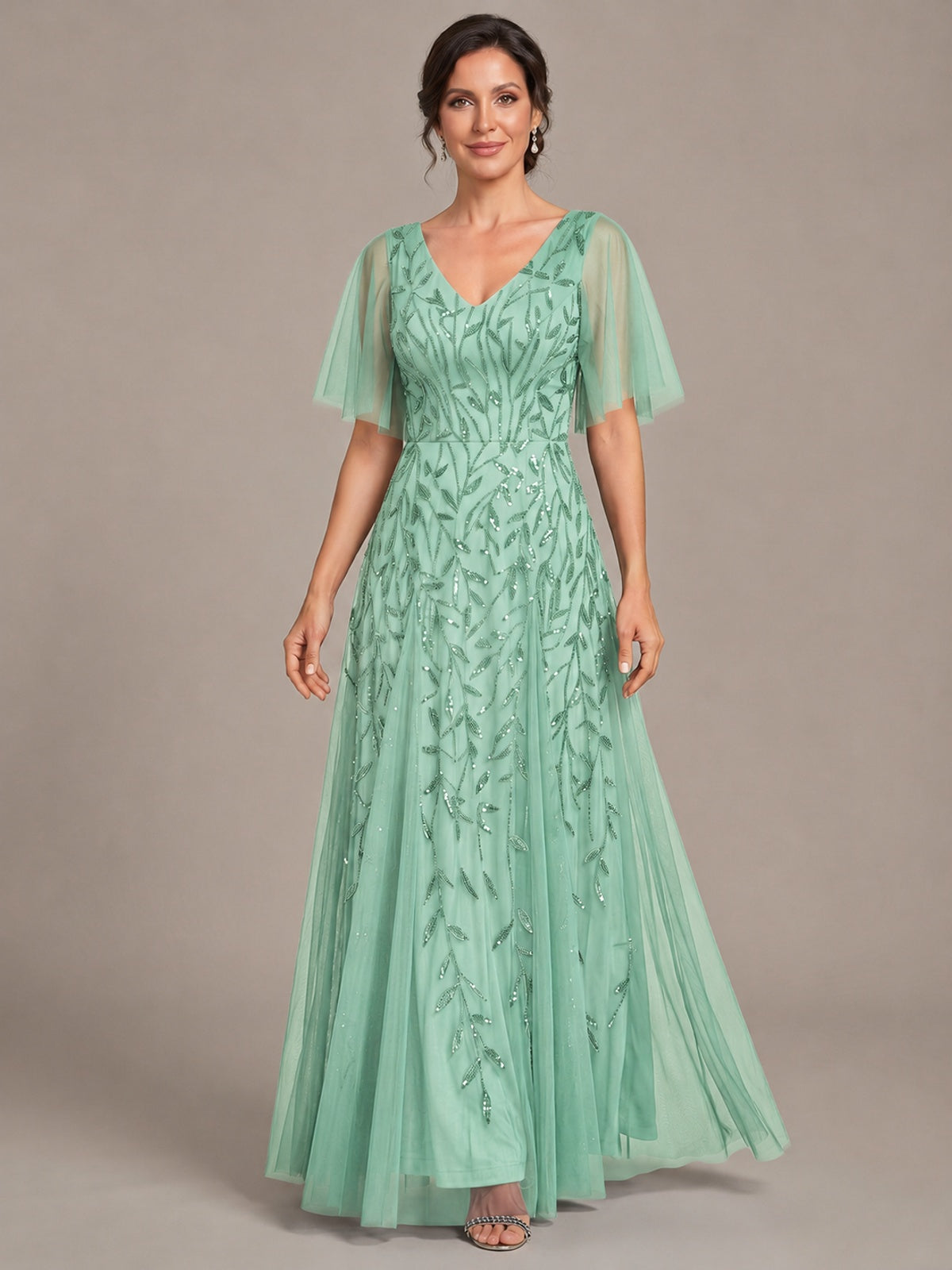 V-Neck Sequin Tulle Mother of the Bride Dress with Flutter Sleeve