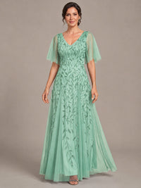 V-Neck Sequin Tulle Mother of the Bride Dress with Flutter Sleeve