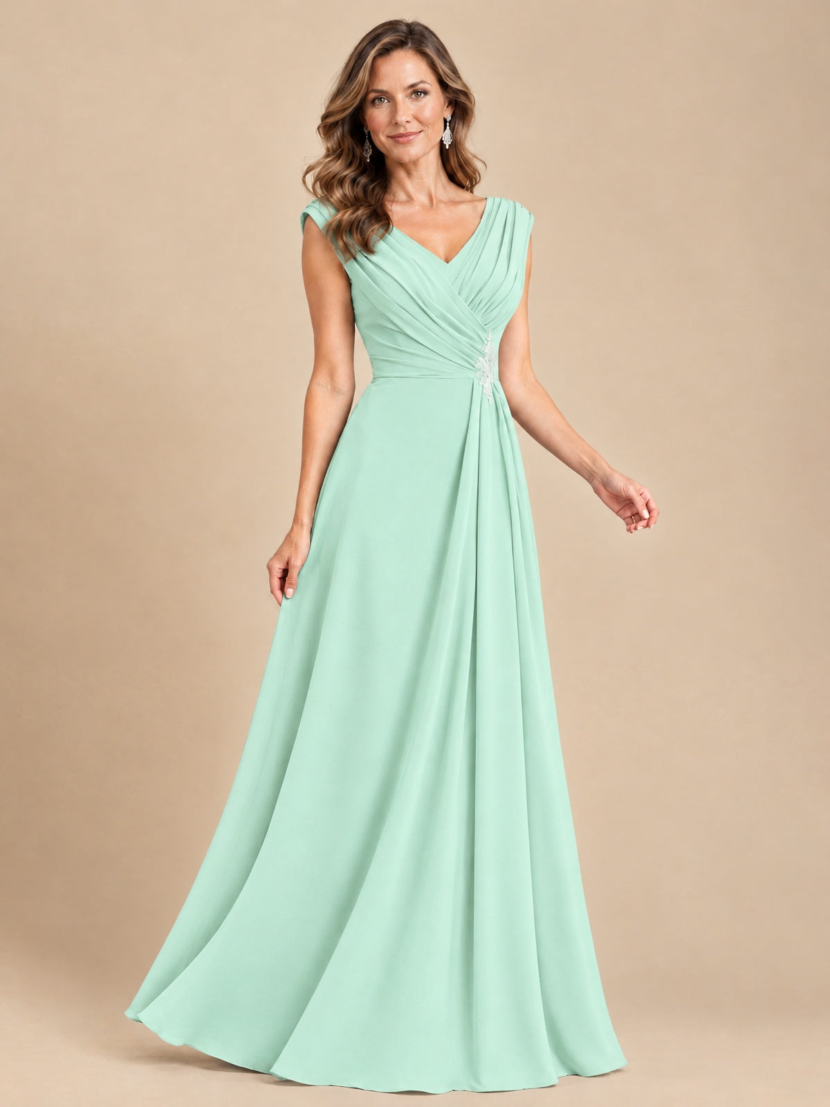 V Neck Pleated Mother of The Bride Dresses with Beading Cap Sleeves