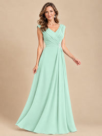 V Neck Pleated Mother of The Bride Dresses with Beading Cap Sleeves