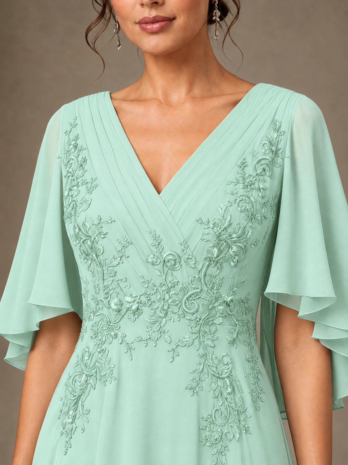 V-Neck Chiffon Lace Mother of the Bride Dress with Flutter Sleeves