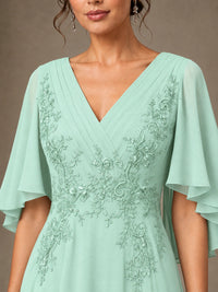 V-Neck Chiffon Lace Mother of the Bride Dress with Flutter Sleeves