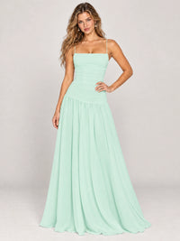 Butter Yellow Ruched Spaghetti Strap Drop-Waist Prom Dress
