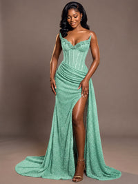 Luxury Strapless Sequin Corset Mermaid Prom Dress with High Slit & Train