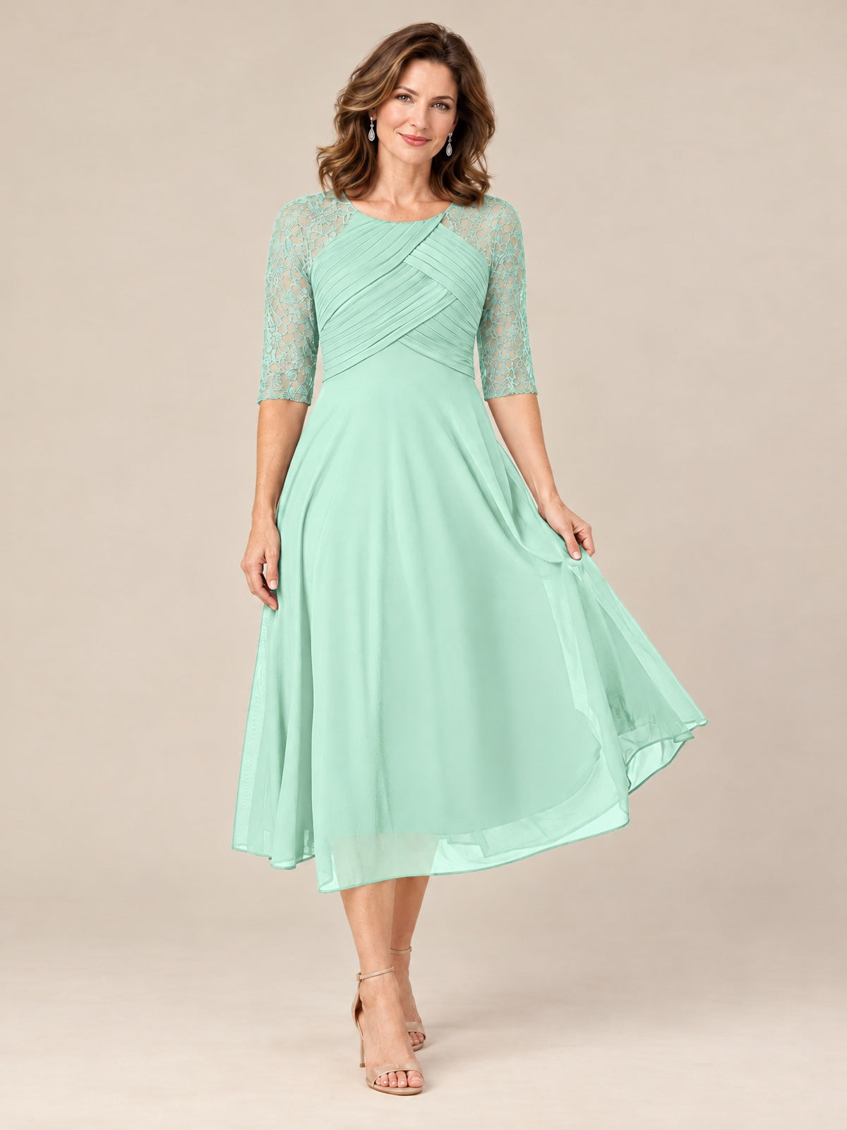 Tea-Length Mother of the Bride Dress with Lace 3/4 Sleeves