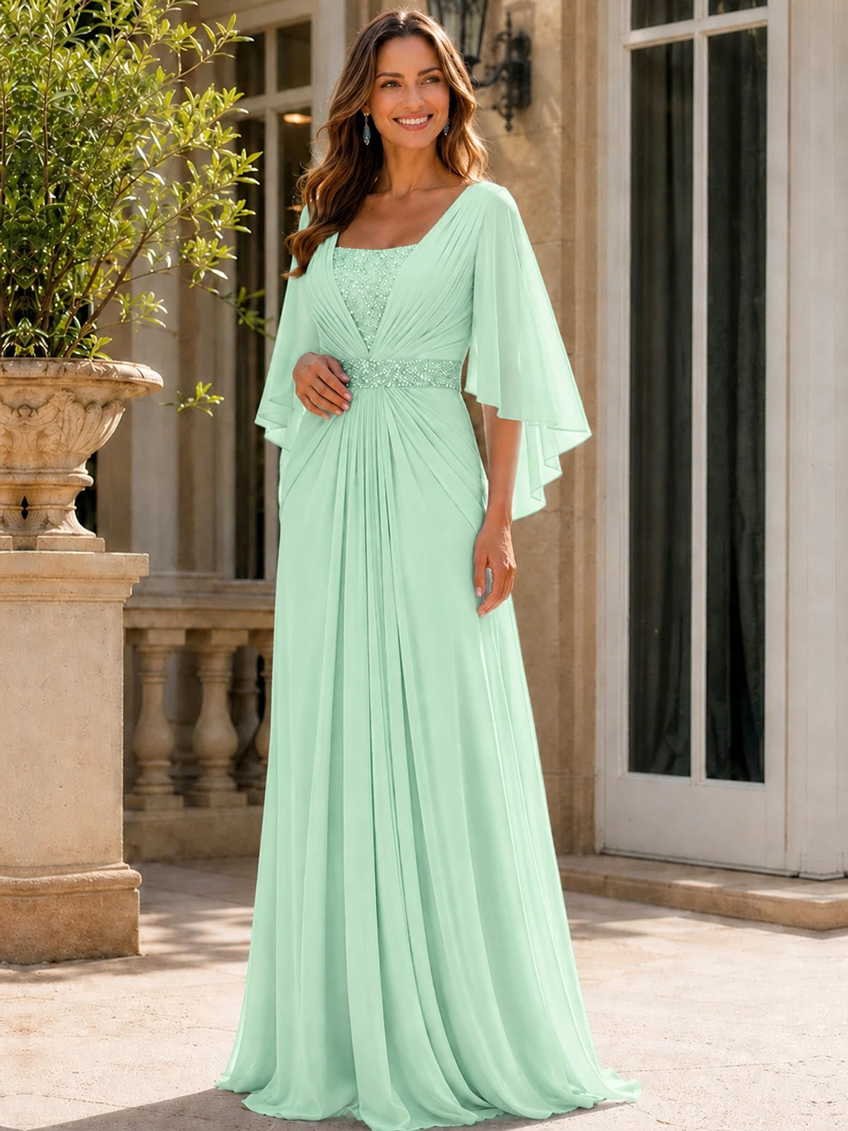 Elegant V-Neck Sequined Chiffon Mother of the Bride Dress with Flutter Sleeves
