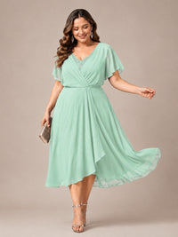 Navy Blue A-Line V-Neck Tea-Length Mother of the Bride Dress