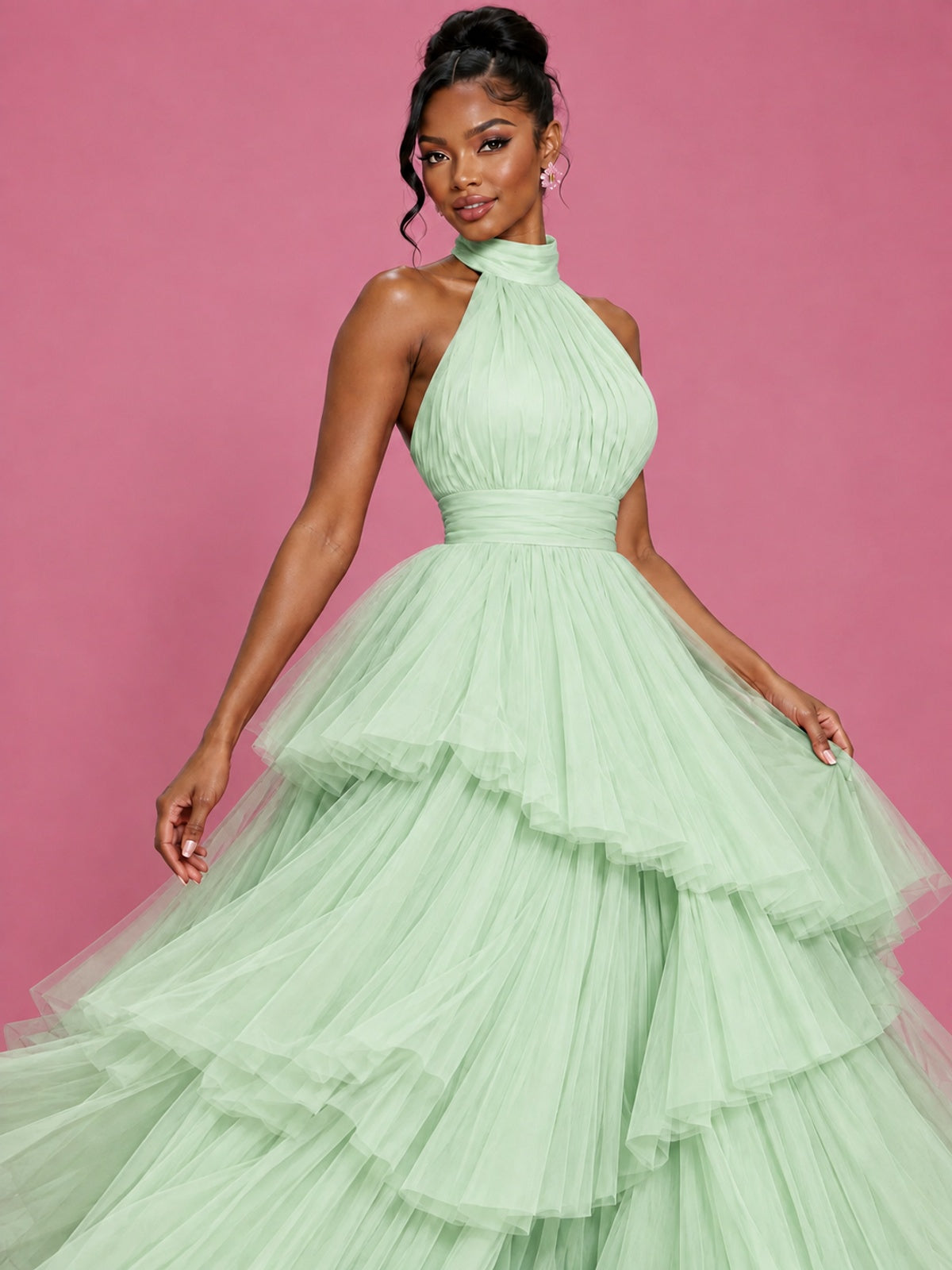 Hot Pink Tulle Halter Neck Tiered Ruffle Maxi Dress