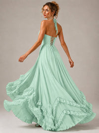 Halter V Neck Chiffon Formal Dress with Lace-Up Back and Ruffle Hem