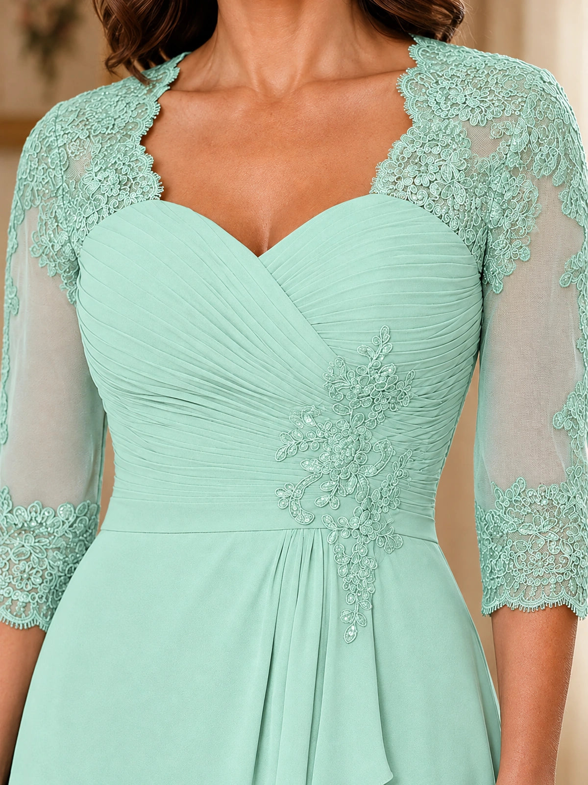 Chiffon Lace Applique Mother of the Bride Dress with 3/4 Sleeves