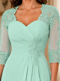 Chiffon Lace Applique Mother of the Bride Dress with 3/4 Sleeves