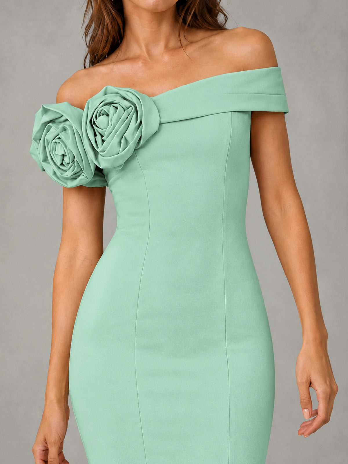 Blush Pink Off Shoulder Mermaid Bridesmaid Dress with Floral Rosette