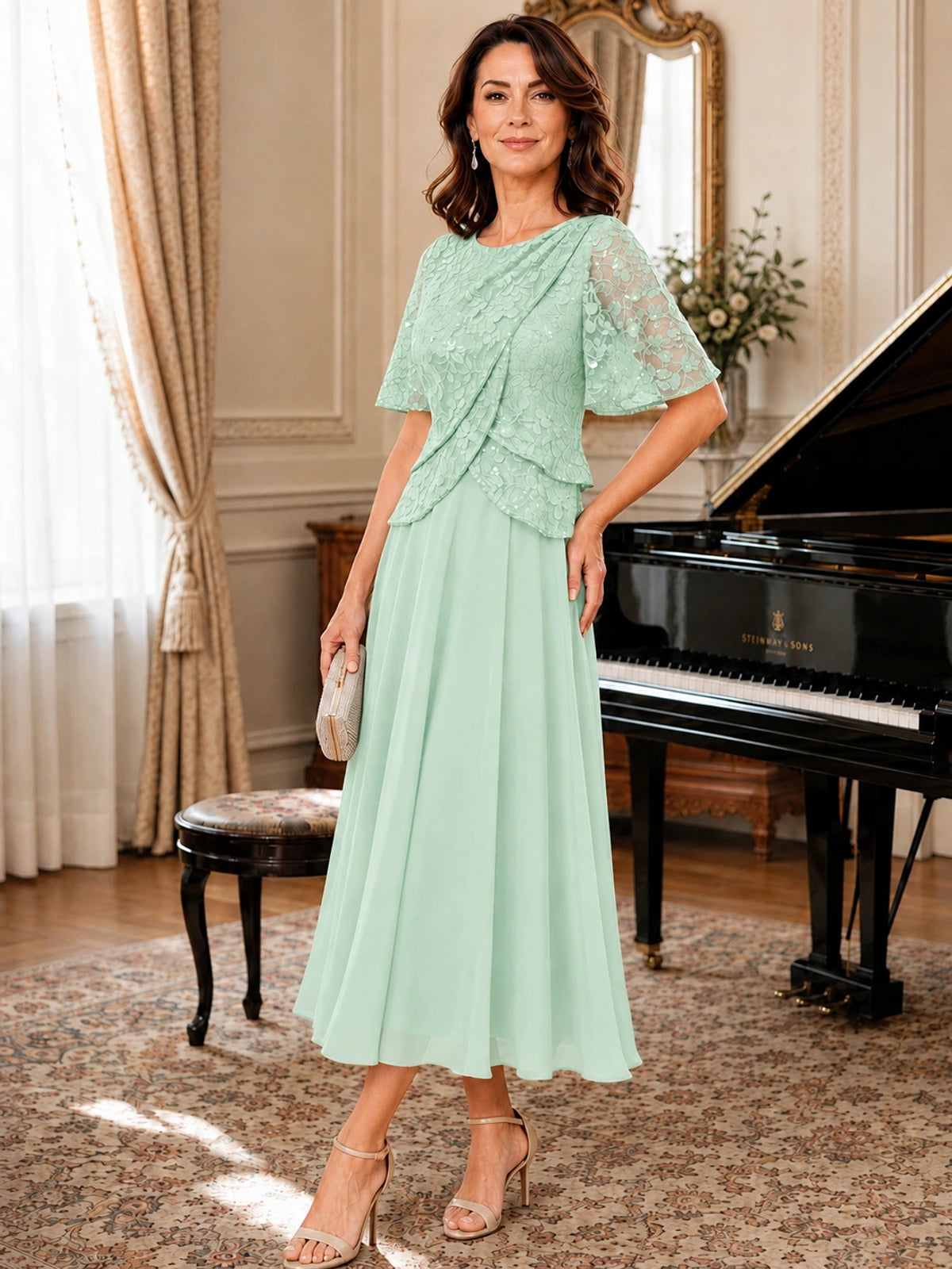 Tea-Length Chiffon Mother of the Bride Dress with Sequin Lace Sleeves